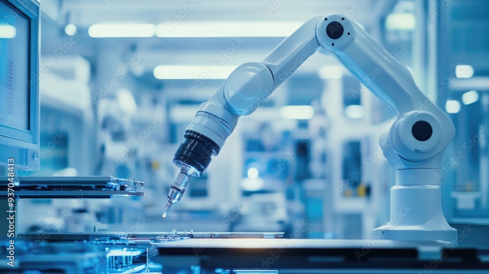 Poster robotic arm performing complex assembly tasks in a cleanroom, with focus on accuracy and speed.