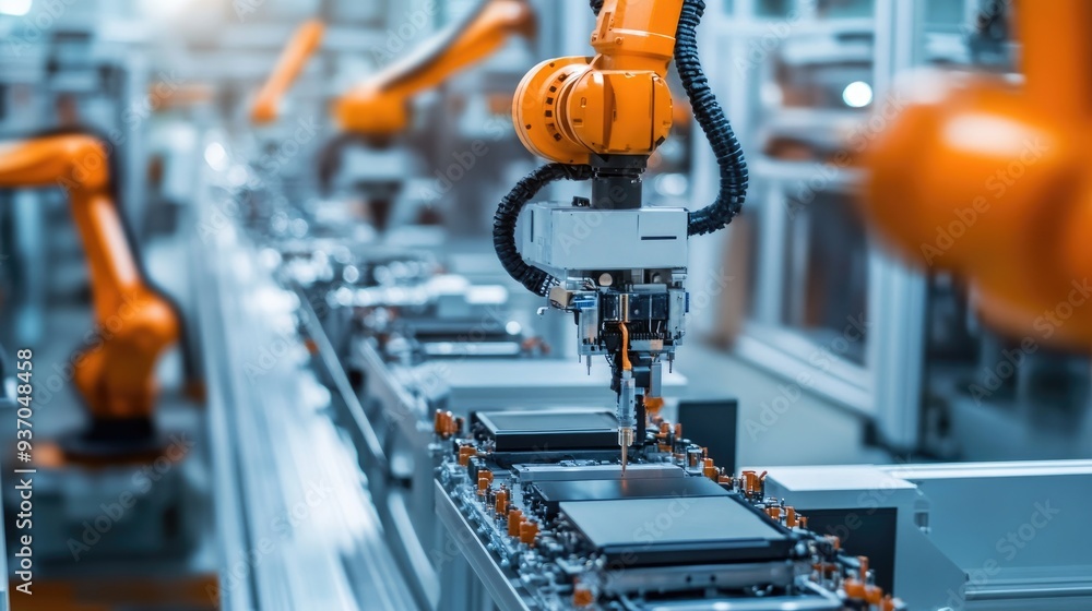 Poster robotic assembly line producing electronic devices with high precision and speed, demonstrating auto