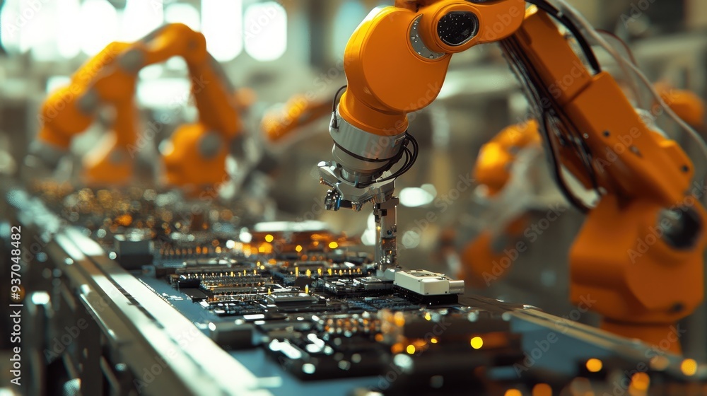 Poster robotic assembly line producing electronic devices with high precision and speed, demonstrating auto