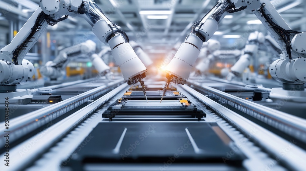 Poster robotic assembly line producing electronic devices with high precision and speed, demonstrating auto