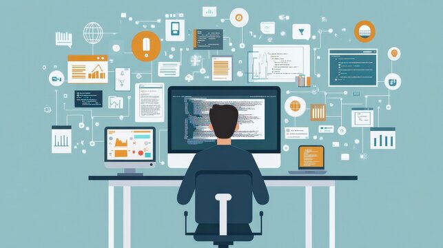 Tech Savvy: Software Developer Crafting Code - Flat Design Illustration
