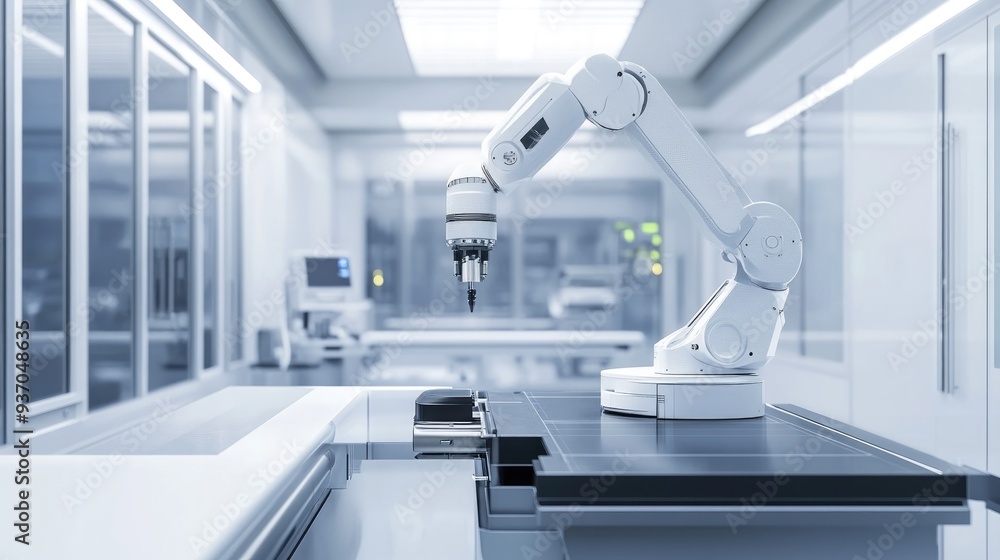 Poster robotic system performing high-precision tasks in a cleanroom environment, showcasing advanced techn