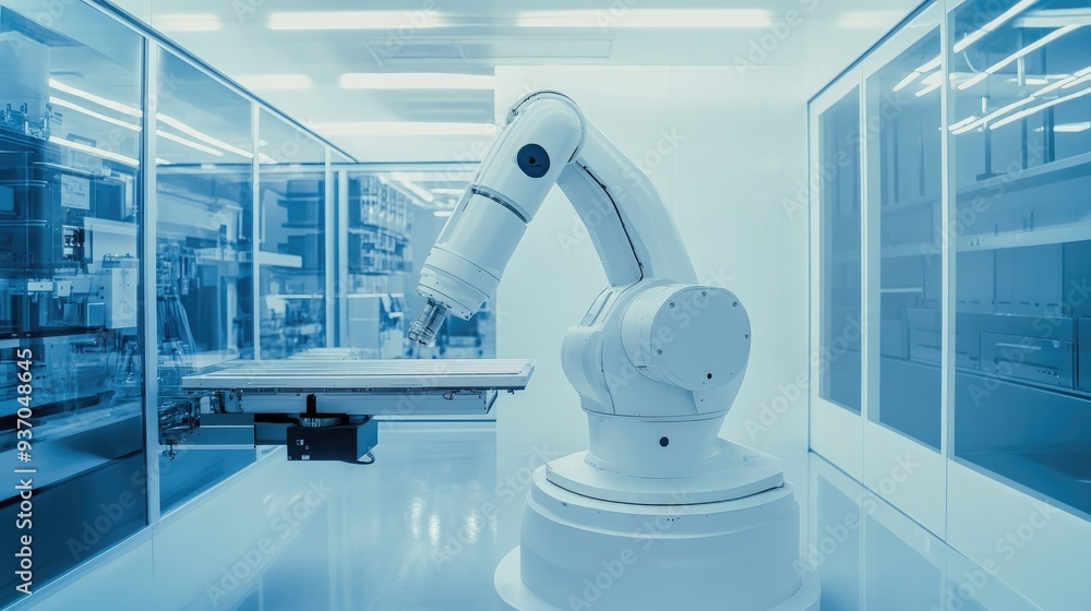 Poster robotic system performing high-precision tasks in a cleanroom environment, showcasing advanced techn
