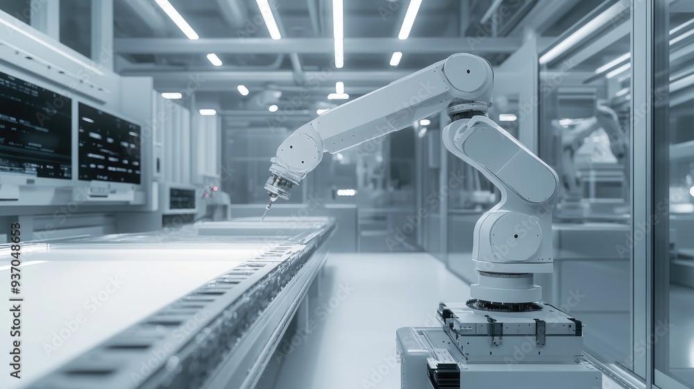 Poster robotic system performing high-precision tasks in a cleanroom environment, showcasing advanced techn