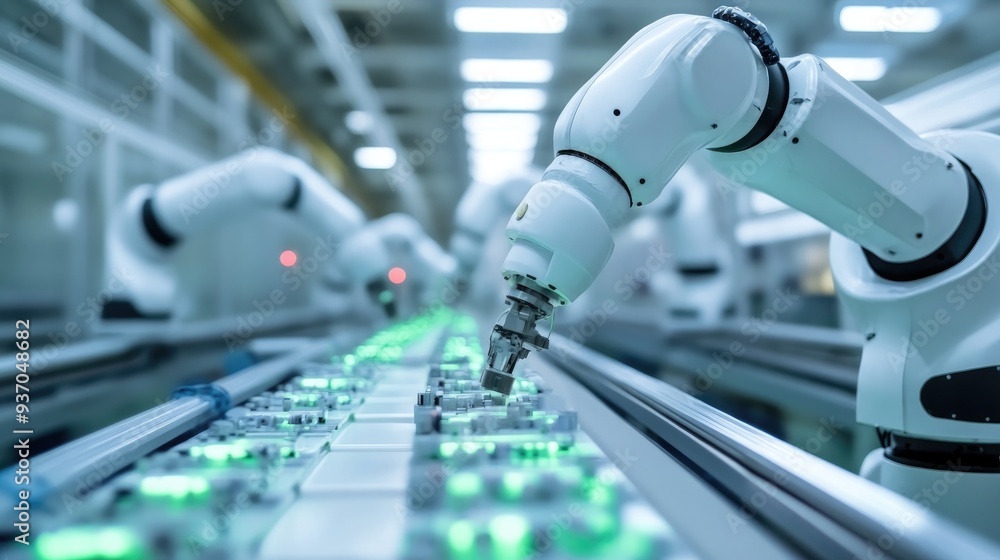 Poster robotic system performing quality control checks on a production line, ensuring product consistency.