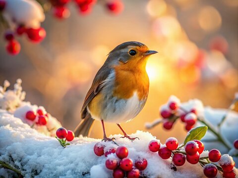 Rustic winter wonderland scene featuring Robin redbreast amidst snow-dusted hedge, vibrant crimson berries, shallow depth of field, warm sunlight, earthy tones, cozy ambiance.