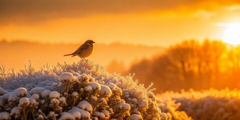 Obraz premium Golden hour illuminates powdery hedge, winter bird's gentle silhouette, soft peach tones, warm glow, peaceful ambiance, evocative composition, subtle symmetry.