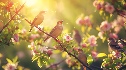 Flock of birds are singing happily on the branches of a tree with spring flower blossoms and sun light , spring season background
