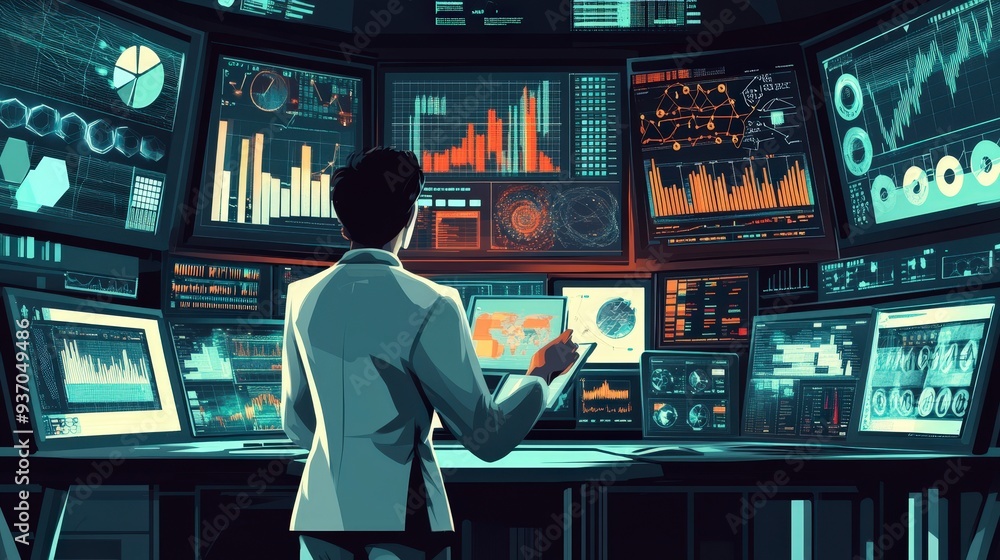Poster data scientist at work: analyzing complex data for business decisions - flat design illustration