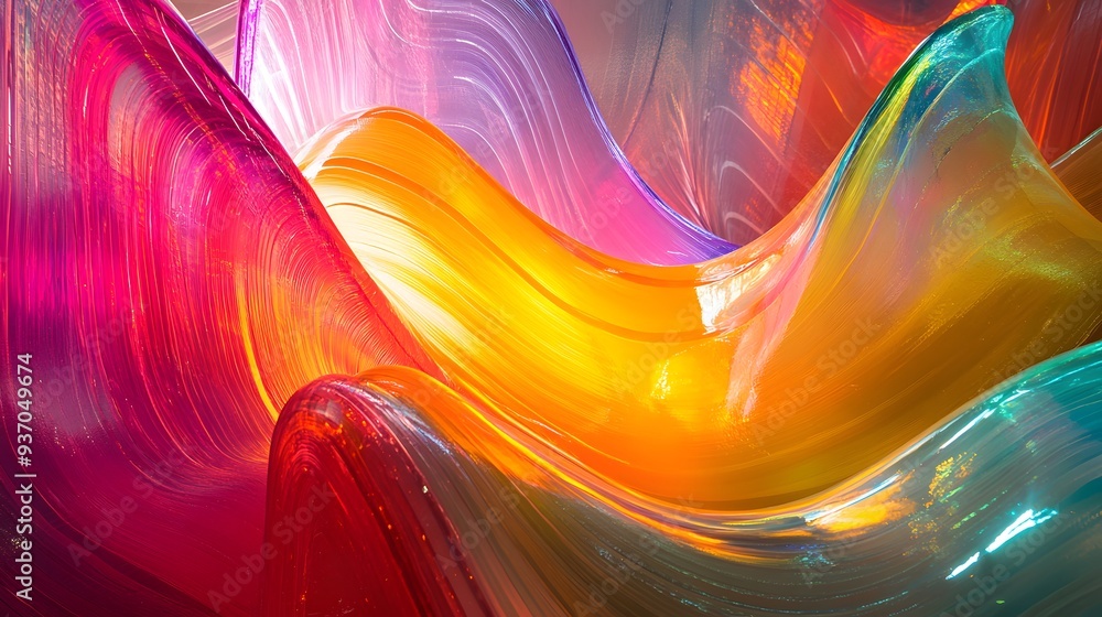 Poster 43. brightly colored curves of light forming a continuous, undulating pattern in a transparent setti