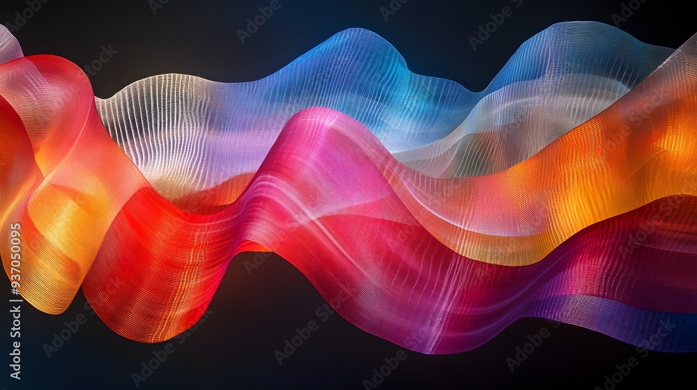 Poster 43. brightly colored curves of light forming a continuous, undulating pattern in a transparent setti