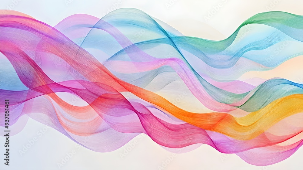 Poster 28. flowing, multicolored curves forming a continuous, wave-like pattern against a clear background