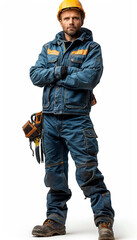 A construction worker, in a blue work overall and a yellow safety helmet, stands confidently with work tools in hand.