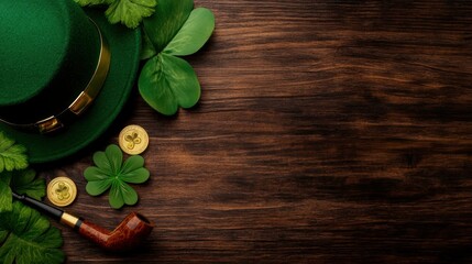 St. Patrick's Day Background with Hat, Shamrock, and Pipe