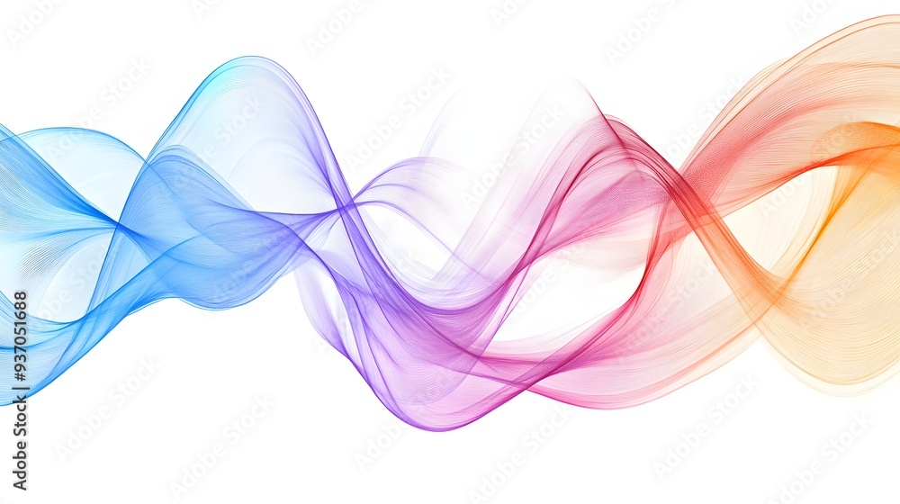 Poster 28. flowing, multicolored curves forming a continuous, wave-like pattern against a clear background