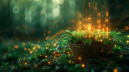 wheat bucket with big data visualization elements, in digitalization style in low contrast, green colors,