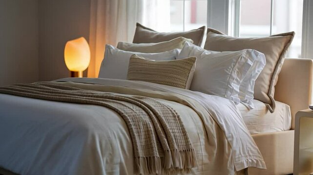 Tranquil video of a neatly made bed with soft, plush pillows, a cozy blanket, and a bedside table featuring a warm, glowing lamp and a stack of books