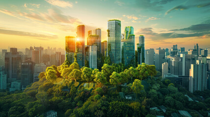 A visually engaging image showcasing sustainable real estate with green building, renewable energy, eco-materials, and community focus, highlighting long-term benefits.