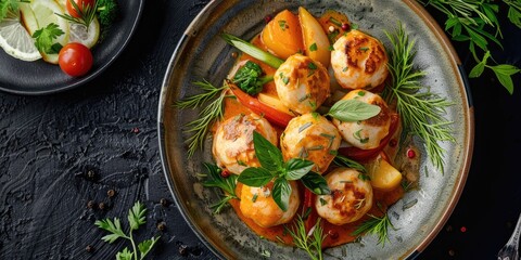 Stir-Fried Fish Balls with Red Curry Paste, Fresh Herbs, and Vegetables