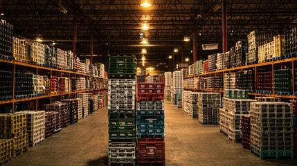 Crates of beer bottles being moved by a forklift in a warehouse, with shelves full of additional crates in the background, depicting a bustling storage area
