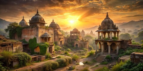 Rustic abandoned Indian village at dawn with crumbling temples, overgrown vegetation, and a lingering sense of despair in warm earthy tones