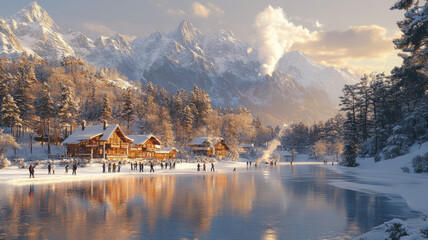 Obraz premium A picturesque winter vacation scene featuring a group of people enjoying ice skating on a frozen lake surrounded by snow-covered trees and mountains,