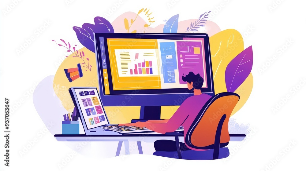 Aufkleber creative graphic designer at work: flat design illustration of artist using design software with too