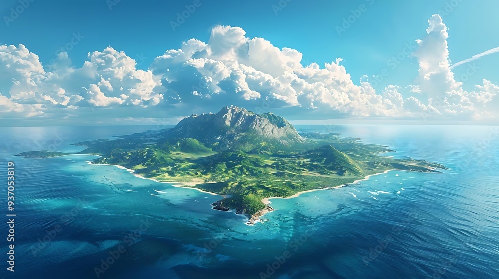 Wall mural A serene island landscape with lush greenery and a mountainous backdrop surrounded by blue water.