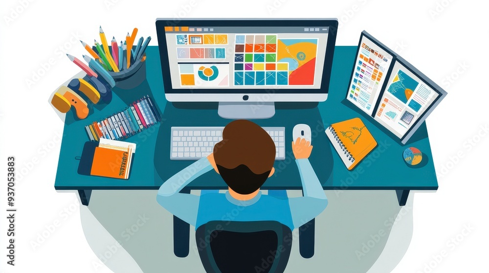 Aufkleber creative graphic designer at work: illustration of a designer crafting visual content with design so