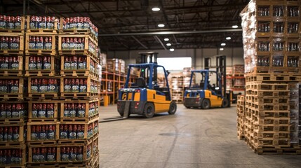 Crates of beer bottles being moved by a forklift in a warehouse, with shelves full of additional crates in the background, depicting a bustling storage area