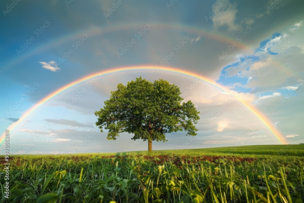 Poster tranquil meadow rainbow