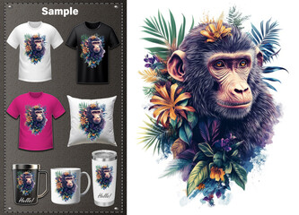 Tumbler, Mug, T-shirt Design: A Stunning 3D Baboon Surrounded by Lush Tropical Flora, Capturing Nature's Beauty with Intricate Detail and Vibrant Colors for Safari Lovers.