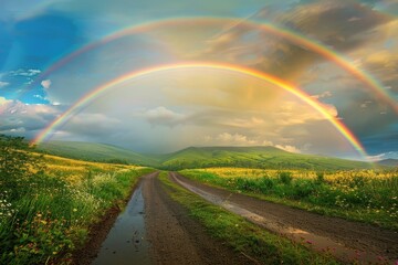 Serene Rainbow Embrace Over Verdant Meadow