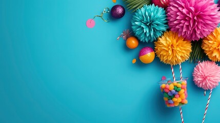 Colorful Pom Poms and Candy on a Blue Background