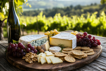A rustic cheese board featuring a variety of goat cheeses, grapes, crackers, and nuts, set on a wooden table, symbolizing the artisanal quality and natural origins of goat cheese