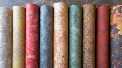 Various wallpaper rolls. Different textures and colors , ai
