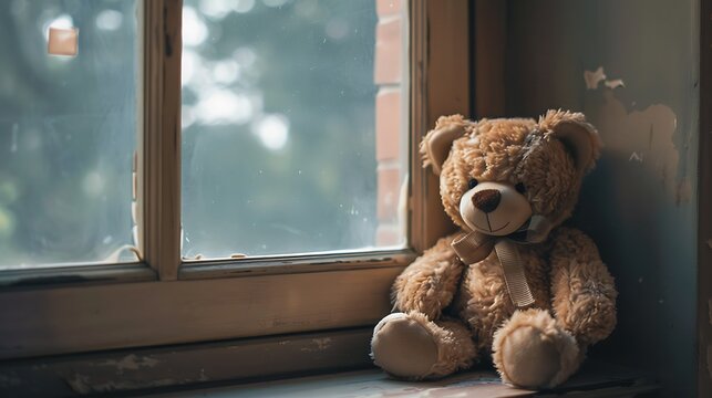 lonely brown bear doll best friend sit alone thinking of to the childhood baby that use to fun together