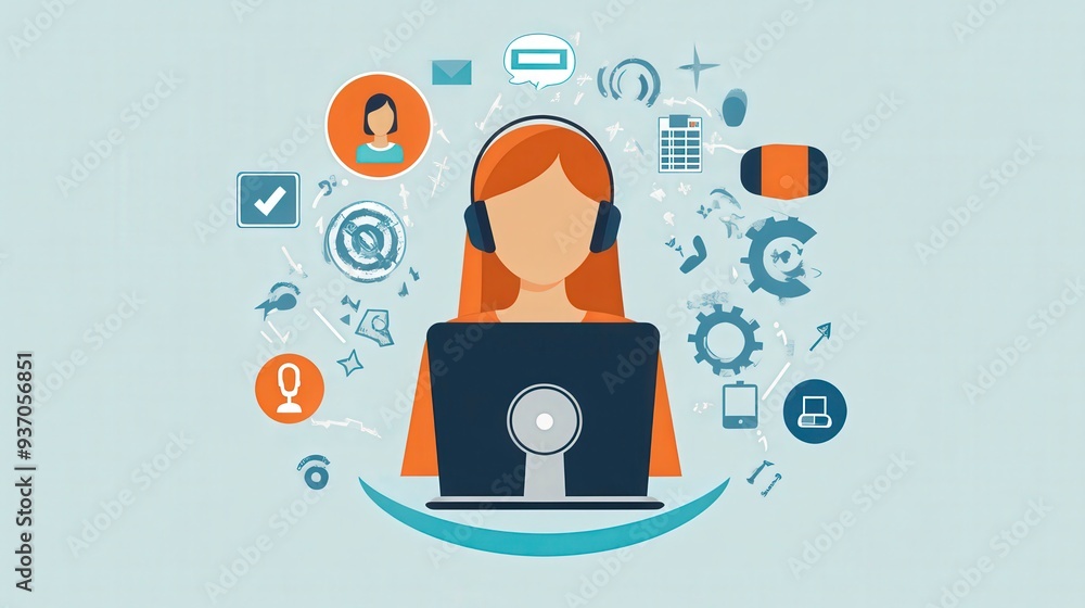 Poster modern customer service representative assisting customer: a flat design illustration of a represent