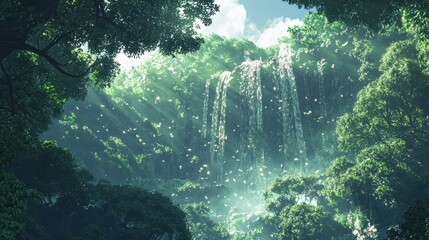 Magical Waterfall In Lush Green Forest