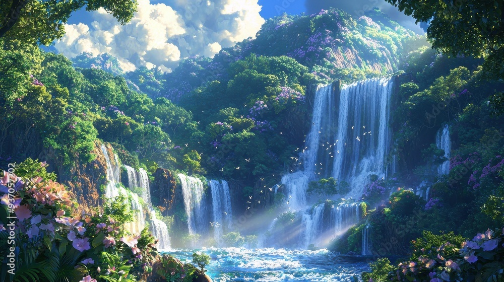 Canvas Prints lush rainforest waterfall with sun rays and birds