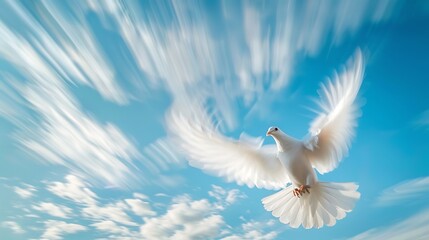 white dove with outstretched wings flies through a blue sky with white clouds a symbol of peace, freedom, and hope.