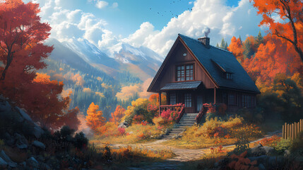 Charming LOFI Autumn House in Forest with Warm Colors and Cozy Atmosphere