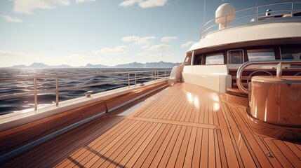 Obraz premium Yacht deck background. A luxurious yacht deck with polished wooden flooring, overlooking a serene ocean and distant mountains under a clear blue sky. The scene conveys tranquility and elegance.