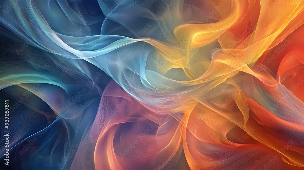 Poster 36. dynamic, flowing curves of various colors interacting in a clear space