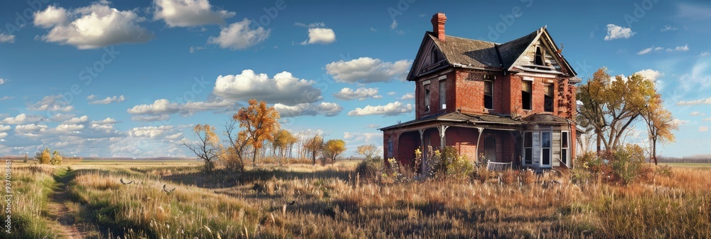 Poster abandoned two-story brick house situated in a rural meadow.