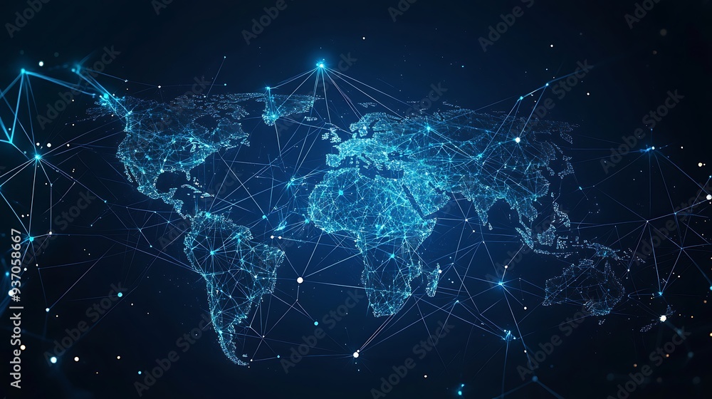 Poster A Digital World Map with Connecting Lines and Glowing Points