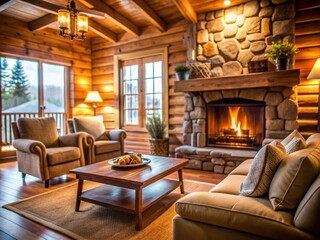 Fototapeta premium Soft focus cozy cabin interior with crackling fireplace warm beige tones inviting mood relaxed style warm color palette