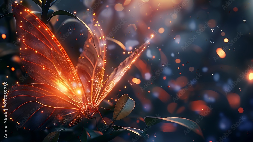 Aufkleber glowing butterfly with intricate details on its wings rests on a branch in a dark forest, surrounded