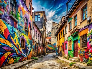 Fototapeta premium vibrant cityscape colorful graffiti bursts through worn plaster walls amidst trendy urban renewal movement with dynamic street art style