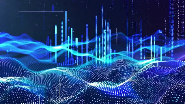 Dynamic blue waves with data visualization elements, representing technology, innovation, and futuristic concepts.